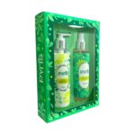 Set Pyns con colonia de 235 ml y crema corporal de 220 g. Caja rectangular de fondo verde, frasco de colonia alto con tapa transparente y pote de crema con fondo blanco. Fórmulas hidratantes y aromáticas ideales para uso diario femenino