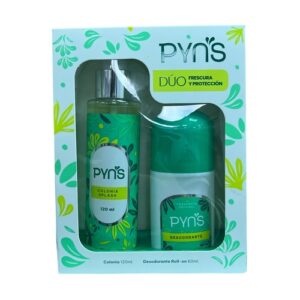 Kit Pyns con colonia de 120 ml y desodorante roll on de 60 ml. Empaque rectangular en tonos verdes, frasco de colonia estilizado con tapa transparente y desodorante cilíndrico blanco con tapa verde. Fórmulas suaves con aroma fresco y protección prolongada para mujer